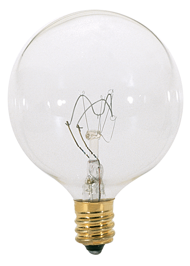 40 Watt G16 1/2 Incandescent; Clear; 1500 Average rated hours; 384 Lumens; Candelabra base; 120 Volt