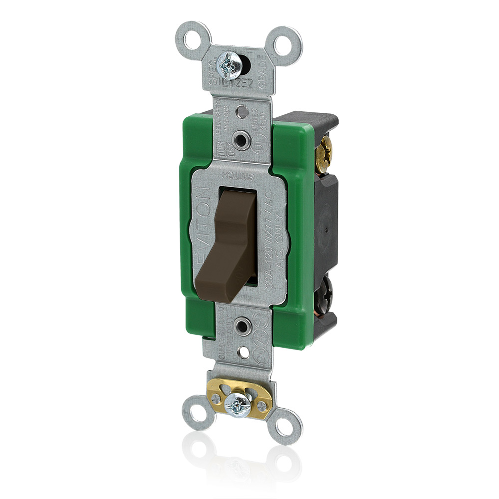 30 Amp, 120/277 Volt, Toggle 3-Way AC Quiet Switch, Extra Heavy Duty Spec Grade, Self Grounding, Back & Side Wired - BROWN
