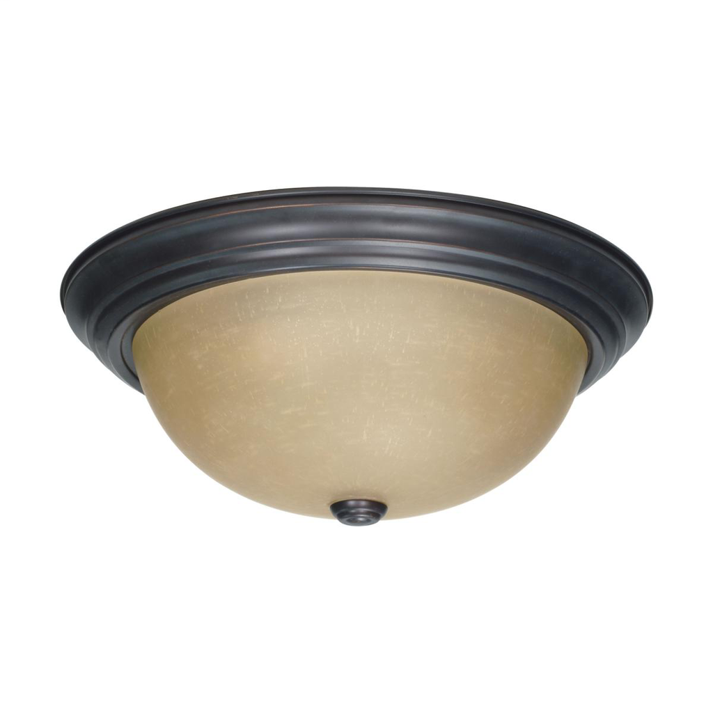 3 Light - 15" Flush with Champagne Linen Washed Glass - Mahogany Bronze Finish
