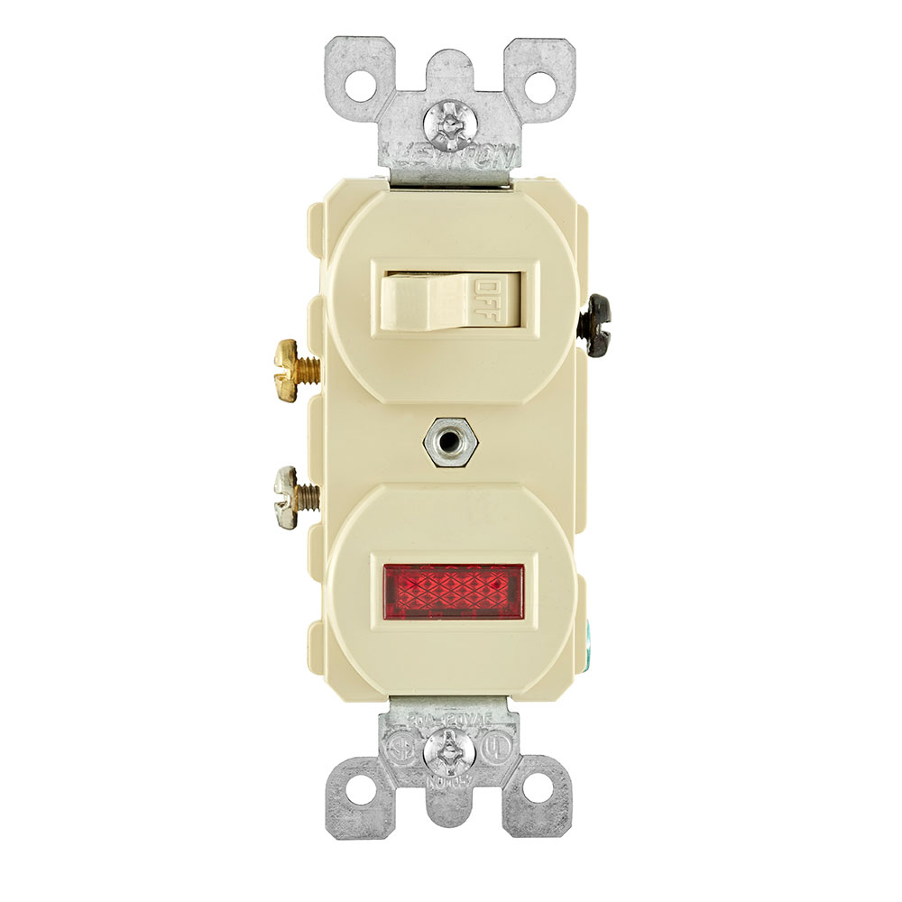20 Amp Duplex Single-Pole Switch/ Neon Pilot Combination Device, Non-Grounding, White