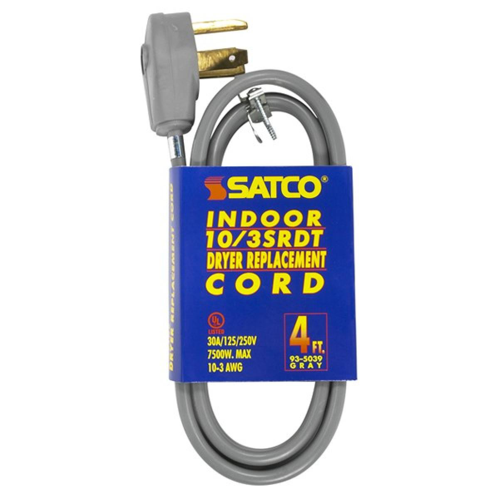 4 Foot, 3 Wire Heavy Duty Replacement Dryer Cord, 10-3 SRDT Gray Flat, Indoor Use Only, 30A/125V-250V, 7500W