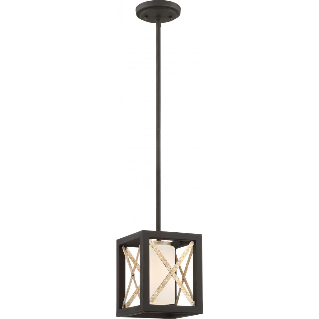Boxer - 1 Light Mini Pendant with Satin White Glass - Matte Black Finish with Antique Silver Accents