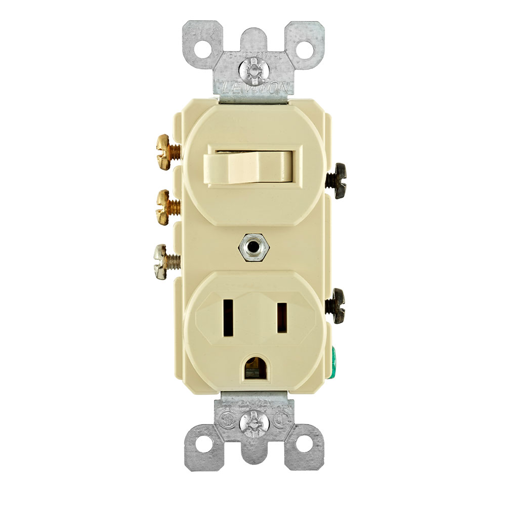 15 Amp, 120 Volt, Duplex Style 3-Way / 5-15R AC Combination Switch, Commercial Grade, Grounding, Side Wired, Ivory