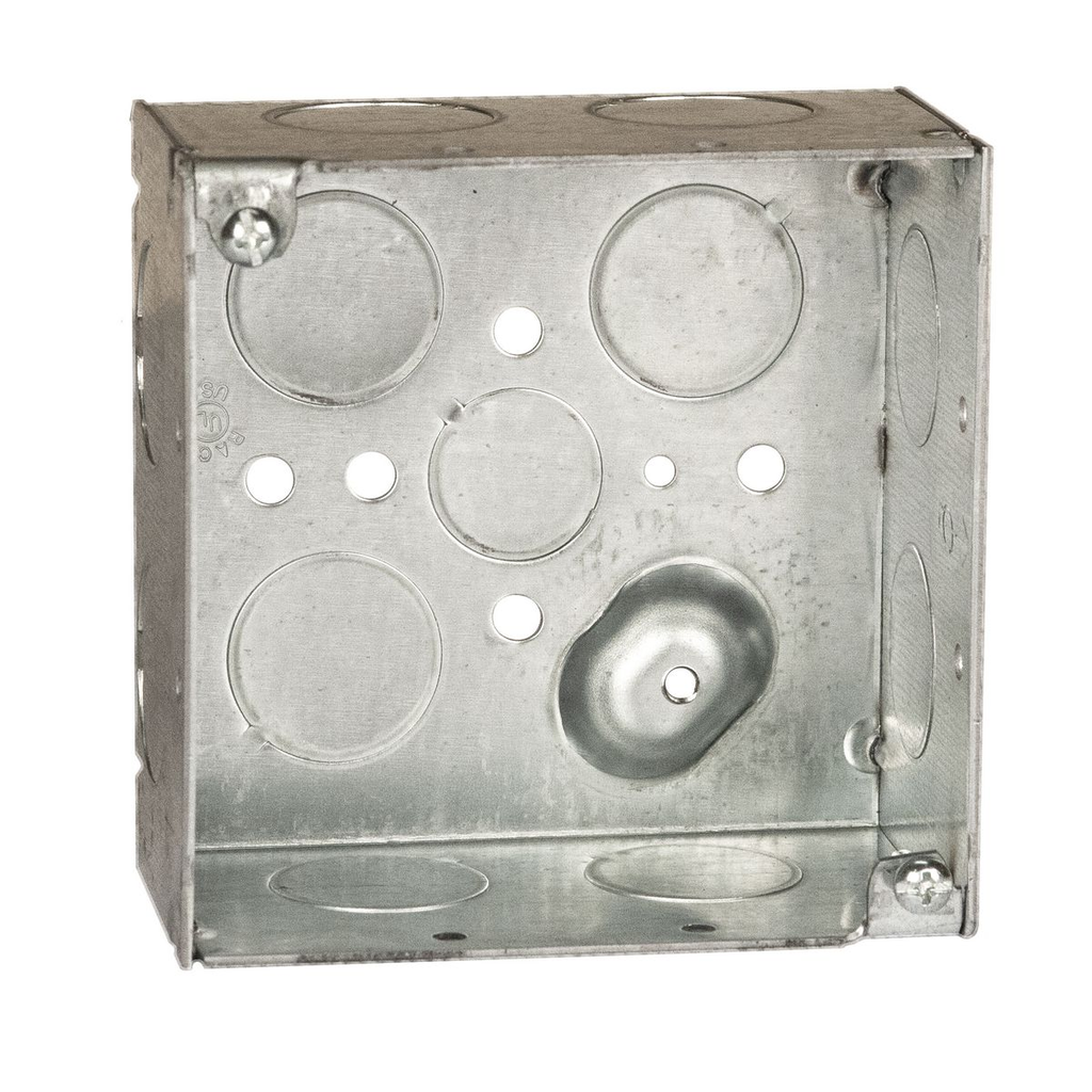 4 in. Square Box, Welded, 2-1/8 in. Deep, One 1/2 in. and Eleven 3/4 in. KO's