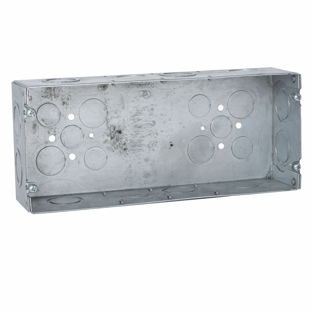 4-Gang Box, Welded, 2-1/2 in. Deep, Eight 3/4 & 1 in. Concentric KO's, Six 1/2 in. KO's, and Eight 3/4 in. KO's