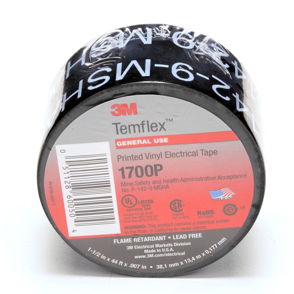 3M™ Temflex™ Mining-Grade Vinyl Electrical Tape 1700P, 1-1/2 in x 66 ft,Printed, Black, 1 roll/carton, 50 rolls/Case
