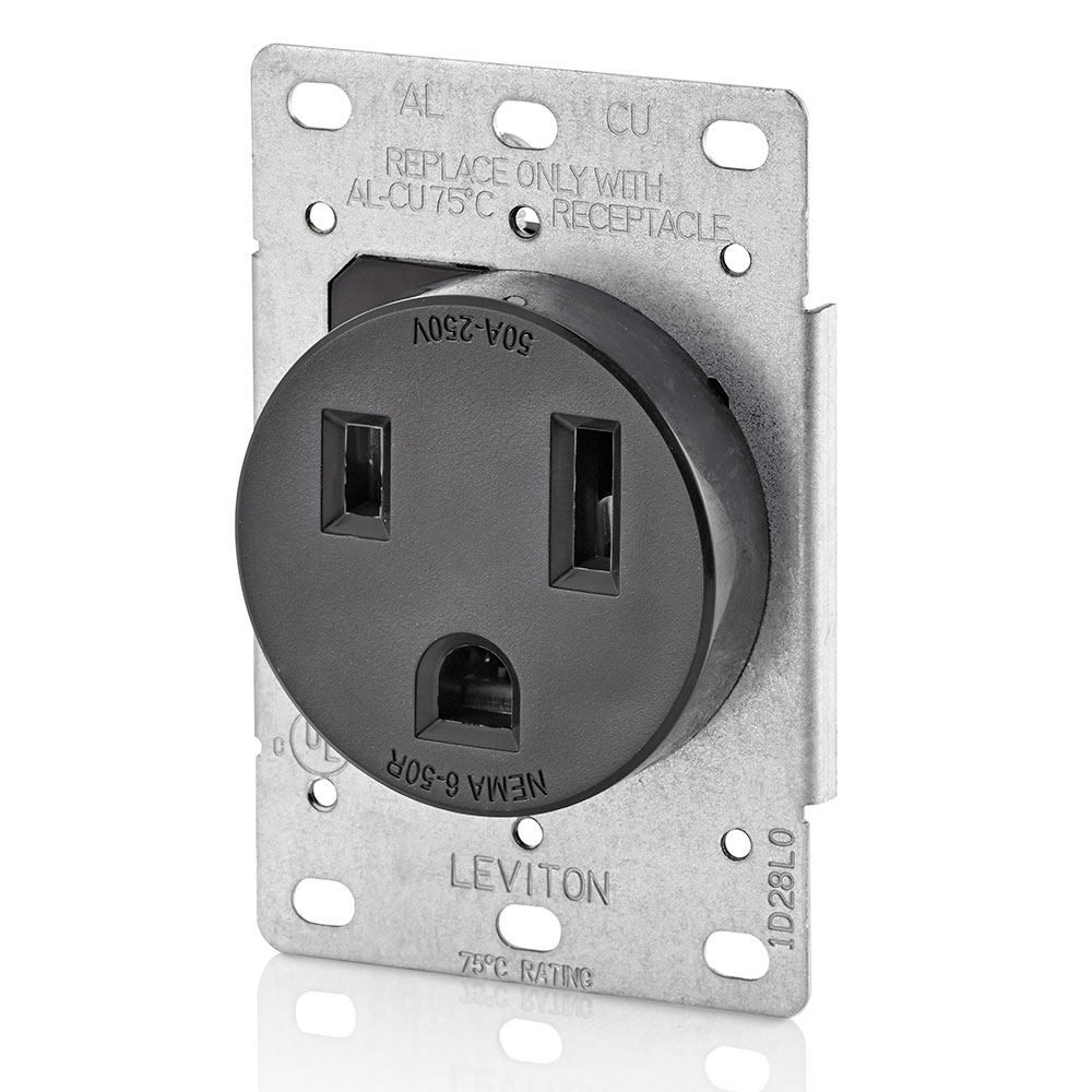50 Amp, 250 Volt, 2P, 3W, Flush Mtg Receptacle, Straight Blade, Industrial Grade, Grounding, Black