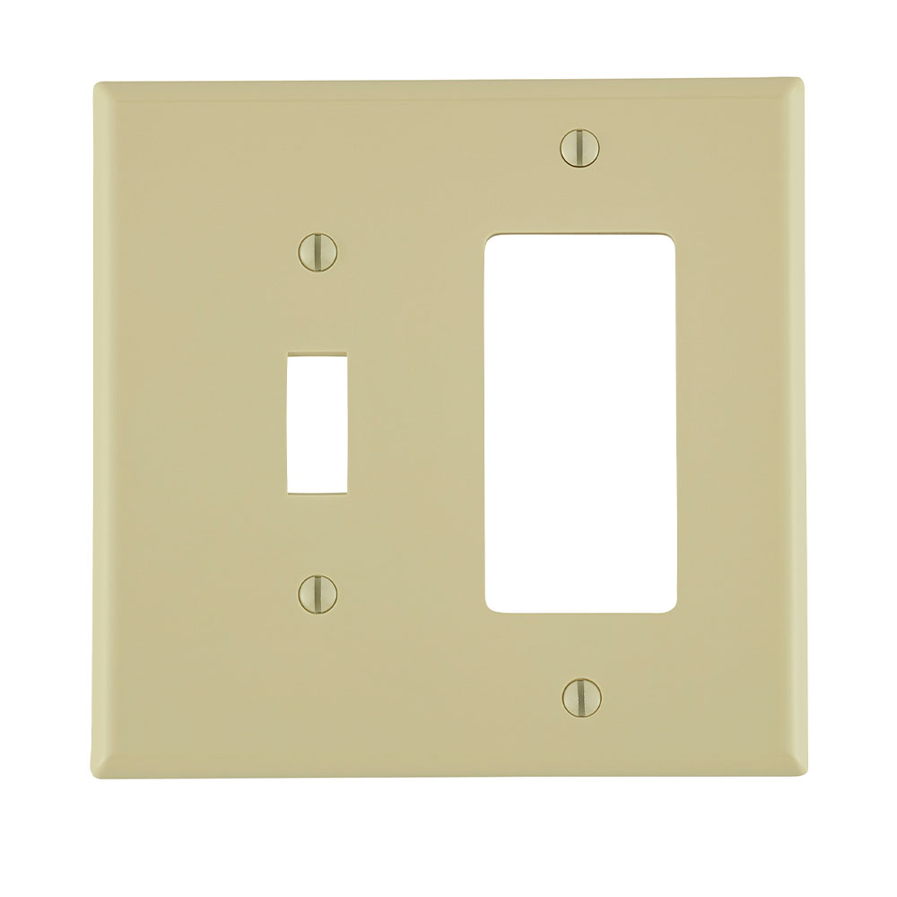 2-Gang Combination Wallplate, 1-Toggle and 1-Decora/GFCI, Standard Size, Thermoplastic Nylon, Ivory