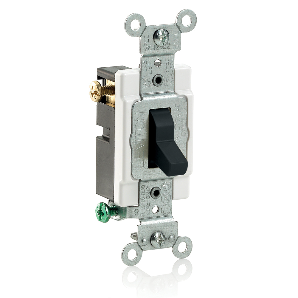 20 Amp, 120/277 Volt, Toggle 3-Way AC Quiet Switch, Heavy Duty Specification Grade, Grounding, Side Wired - BLACK