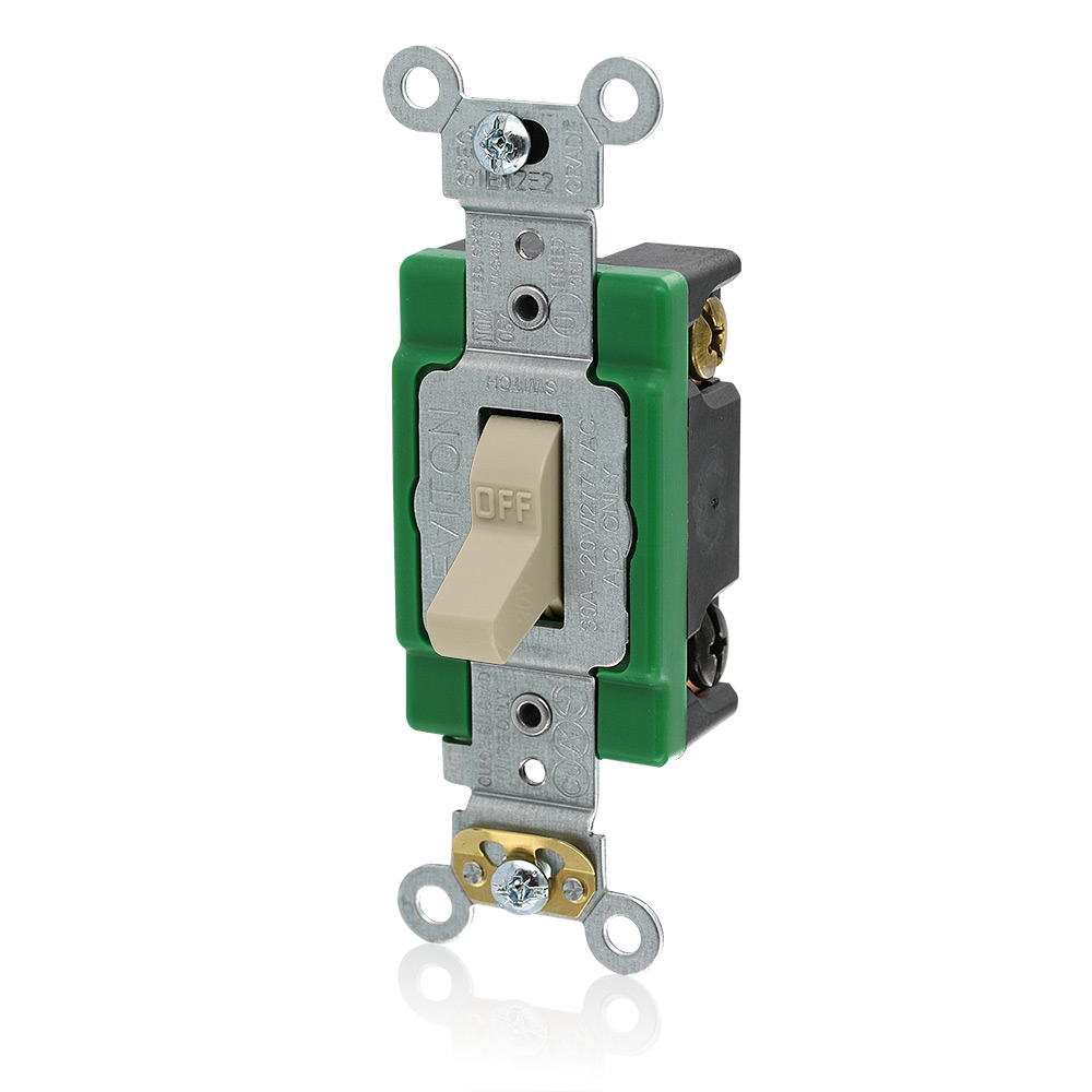 30 Amp, 120/277 Volt, Toggle Double-Pole AC Quiet Switch, Extra Heavy Duty Spec Grade, Self Grounding, Back & Side Wired - IVORY