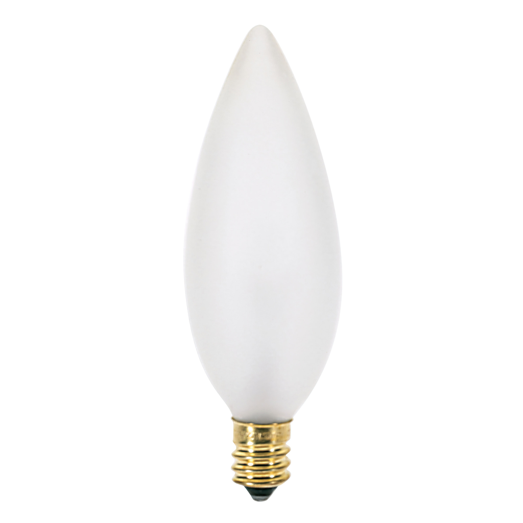 40 Watt BA9 1/2 Incandescent; Frost; 1500 Average rated hours; 384 Lumens; Candelabra base; 120 Volt
