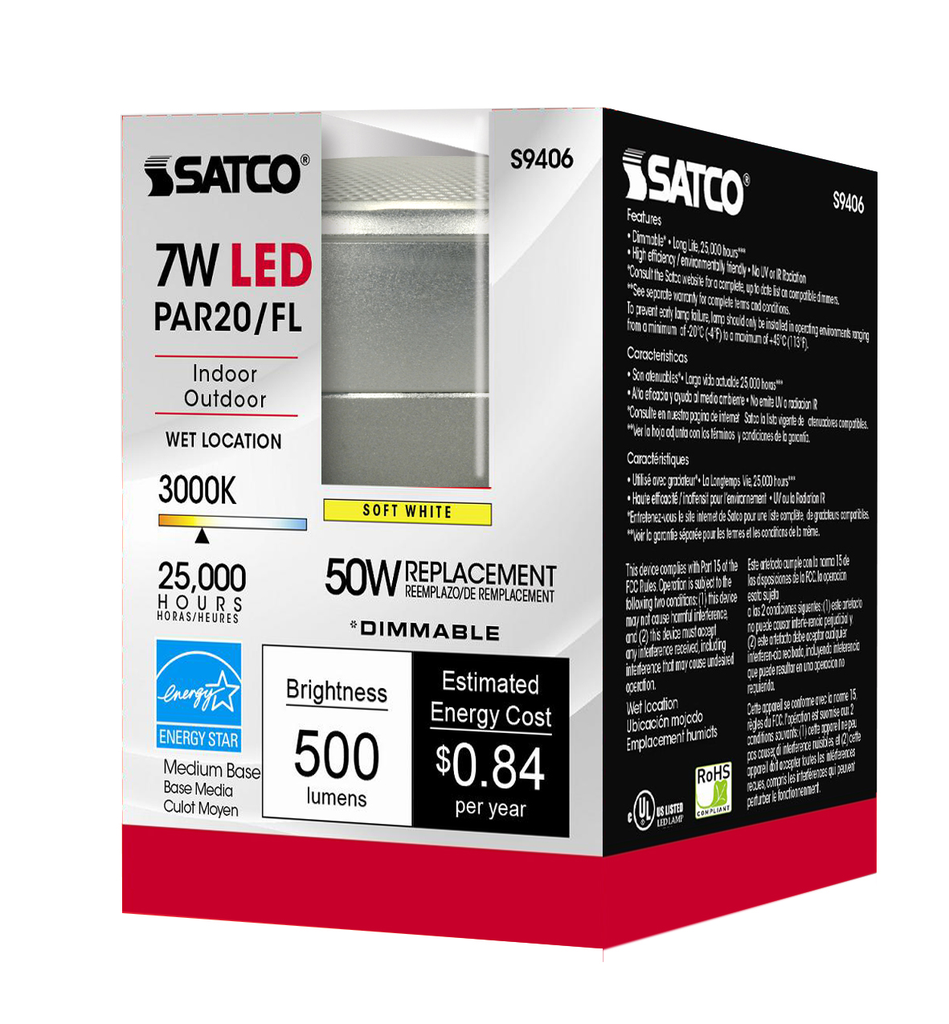 7 Watt PAR20 LED; 3000K; 40 deg. Beam Angle; Medium base; 120 Volt