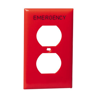 1-Gang Duplex Device Receptacle Wallplate, Standard Size, Thermoplastic Nylon, Device Mount, Hot Stamped Emergency, Black Lettering Size 3/16-Inch - Red