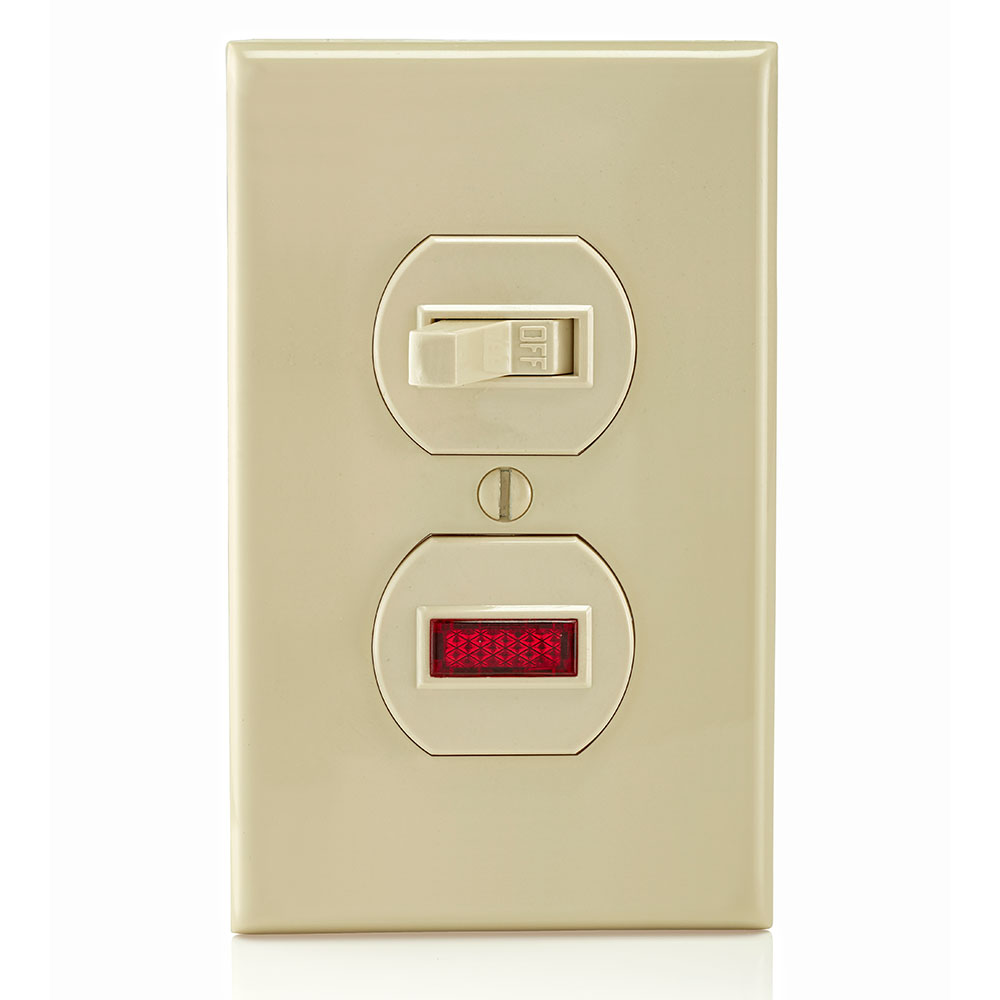 15 Amp, 120 Volt, Duplex Style Single-Pole / Neon Pilot AC Combination Switch, Commercial Grade, Non-Grounding, Side Wired , Ivory