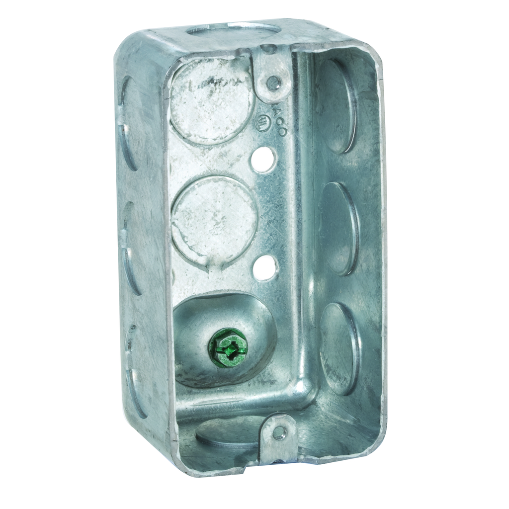 4 in. x 2 in. Handy Box, Drawn, 1-7/8 in. Deep, Ten 1/2 in. KO's, Raised Ground, Ground Screw Driven