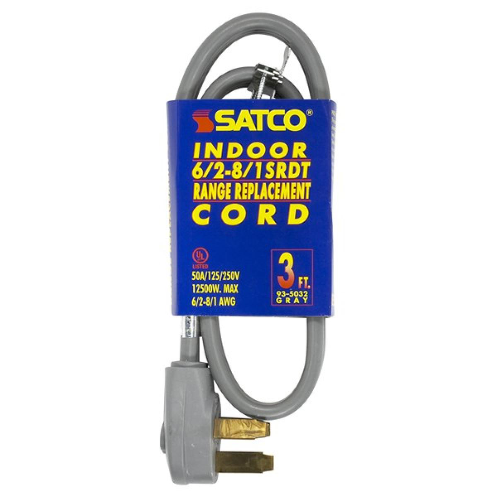 3 Foot, 3 Wire Heavy Duty Replacement Range Cord, 6-2 - 8-1 SRDT Gray Flat, Indoor Use Only, 50A/125V-250V, 12500W