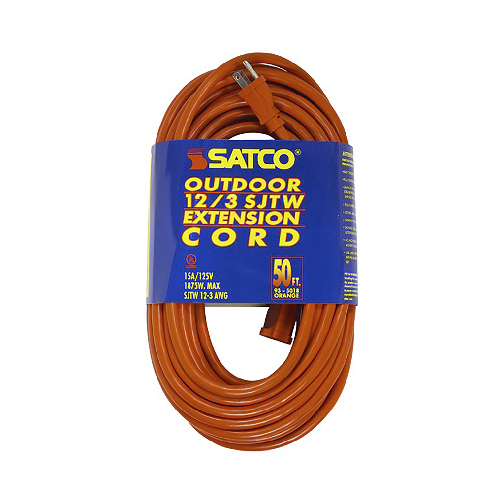 50 Foot Orange Heavy Duty Outdoor Extension Cord; 12/3 Ga. SJTW-3 Orange Cord With Sleeve; 15A-125V; 1875W