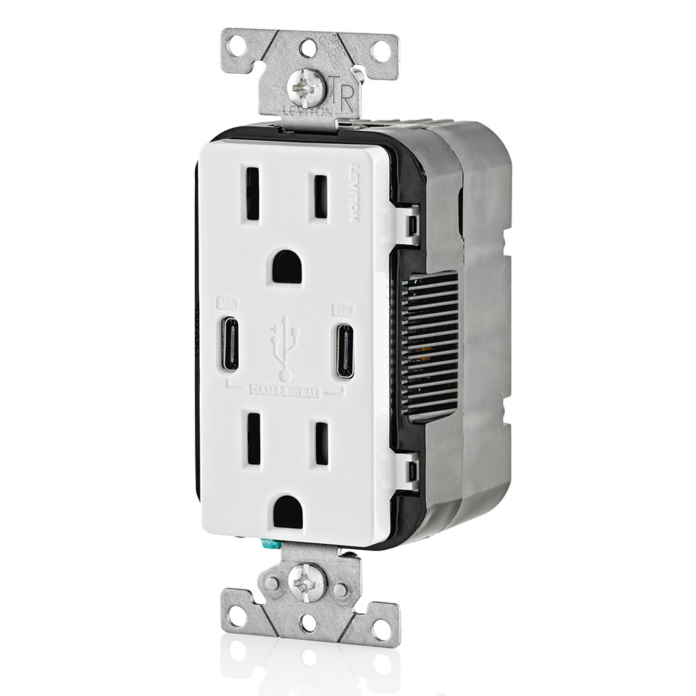 30W (6A) USB Dual Type-C/C Power Delivery Wall Outlet Charger with 15A Tamper-Res Outlet