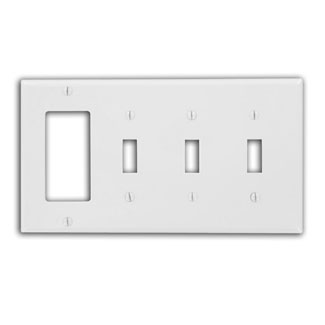 4-Gang Wallplate 3-Toggle 1-Decora/GFCI Combination, Standard Size, Thermoplastic Nylon, White