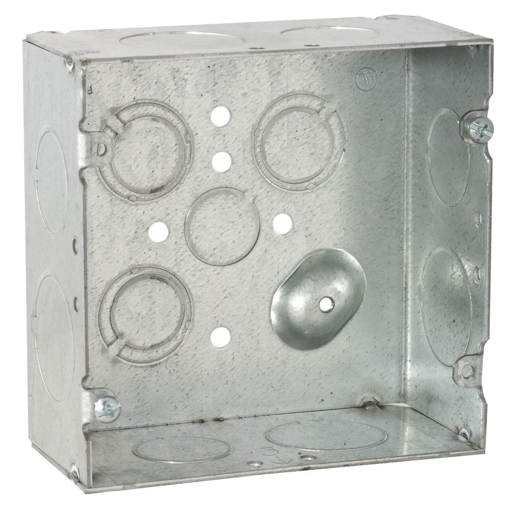4-11/16 in. Square Box, Welded, 2-1/8 in. Deep with One 1/2 in., Four 3/4 in., Four 1 in. KO's and 3 TKO's, Raised