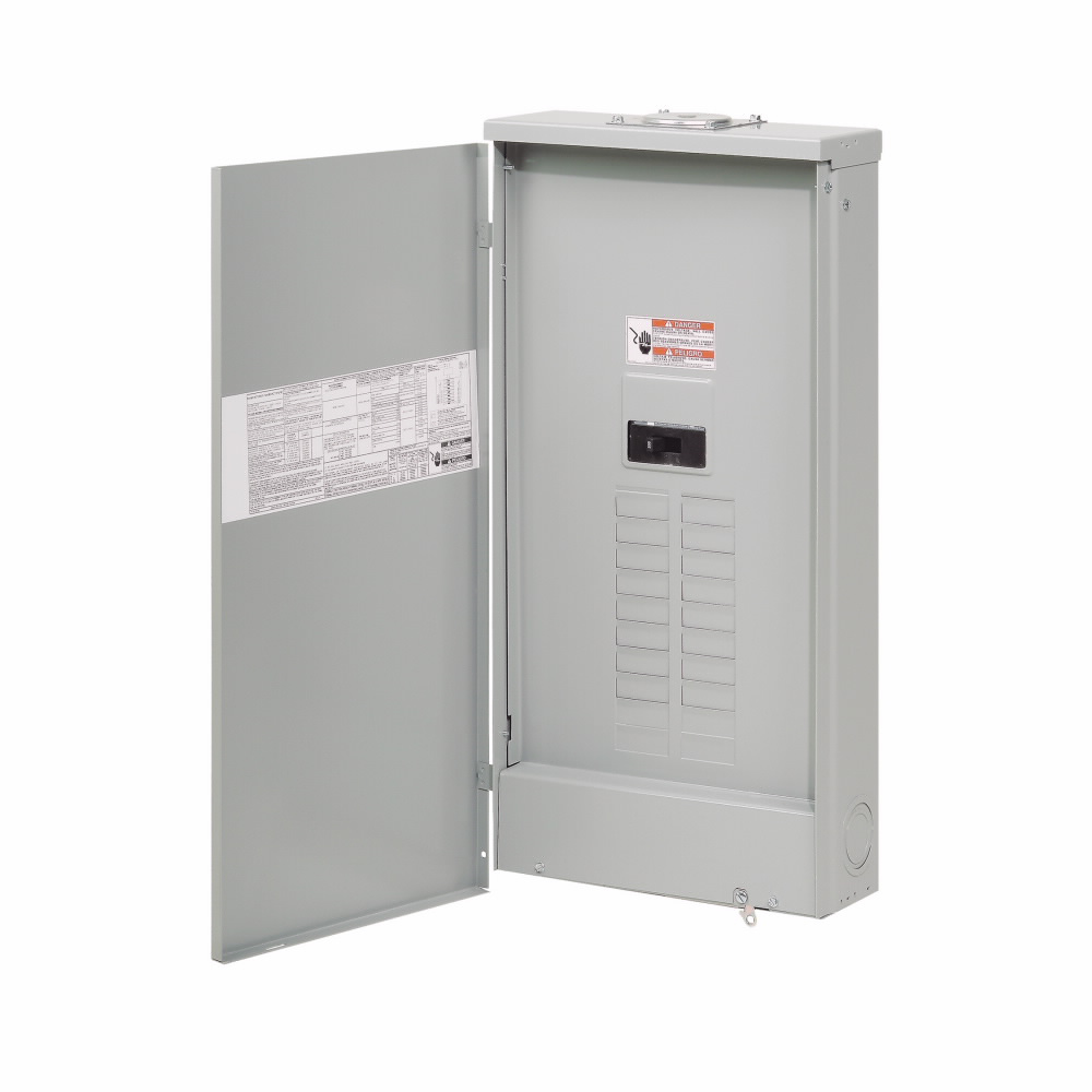 BR style 1-inch loadcenter, main circuit breaker, no feed-thru lugs, 200A, single-phase, 40-pole, 40 circuits, 20 spaces, 120/240V, #2/0-300 kcmil Cu/Al at 60°C or 75°C wire, NEMA 3R enclosure, d1r box size