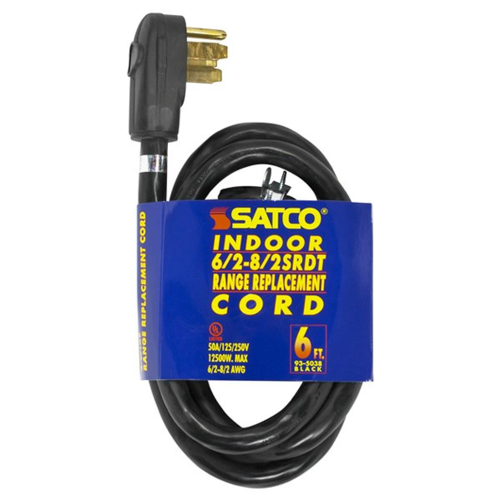 6 Foot, 4 Wire Heavy Duty Replacement Range Cord, 6-2 - 8-2 SRDT Black Round, Indoor Use Only, 50A/125V-250V, 12500W