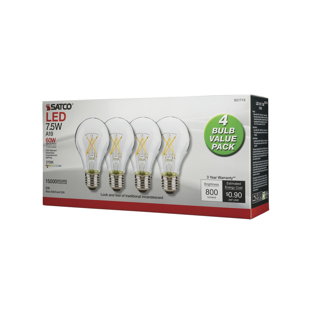 7.5 Watt; A19 LED; Clear; 2700K; Medium base; 120 Volt; 4-Pack