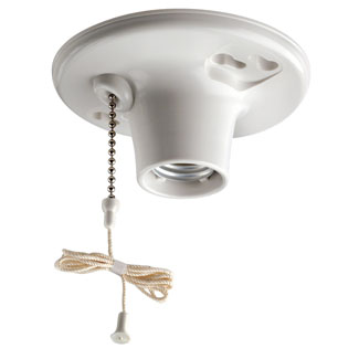 660W/250V Medium Base One-Piece White Urea Outlet Box Mount Incandescent Lampholder, Pull Chain, Single Circuit, 6" Pigtail Leads, Top Wired - White