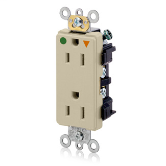 15 Amp, 125 Volt, NEMA 5-15R, 2P, 3W, Decora Plus Duplex Receptacle, Straight Blade, Hospital Grade, Isolated Ground, , Back & Side Wired, Steel Strap, - IVORY