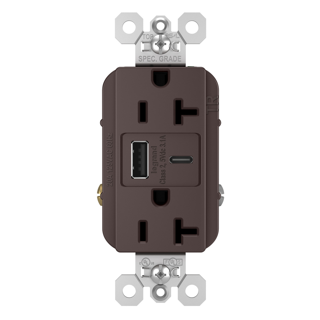 20A 125V Tamper-Resistant Duplex Receptacle with USB A/C Charging Ports, Brown