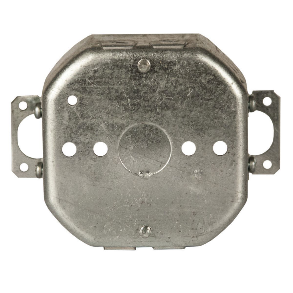 4 in. Octagon Box, Drawn, 1-1/2 in. Deep, Three 1/2 in. KO's & NMSC Clamps, Plaster Ears