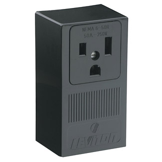 50 Amp, 250 Volt, NEMA 6-50R, 2P, 3W, Surface Mtg Receptacle, Straight Blade, Industrial Grade, Grounding, , Side Wired, Steel Strap, - Black