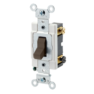 20 Amp, 120/277 Volt, Toggle 3-Way AC Quiet Switch, Commercial Spec Grade, Grounding, Back & Side Wired, - Brown