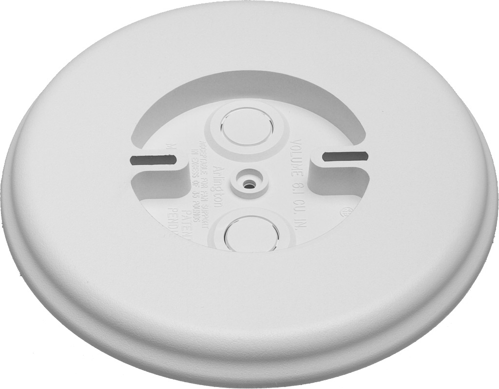 8" round mounting block. With built in electrical box for fan and fixture installations. For interior or exterior use. Fan rated up to 70lbs, fixture rated up to 200lbs.