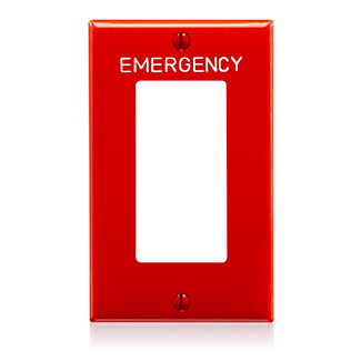 1-Gang Decora/GFCI Device Wallplate, Hot Stamped Emergency, Standard Size, Thermoplastic Nylon, Red