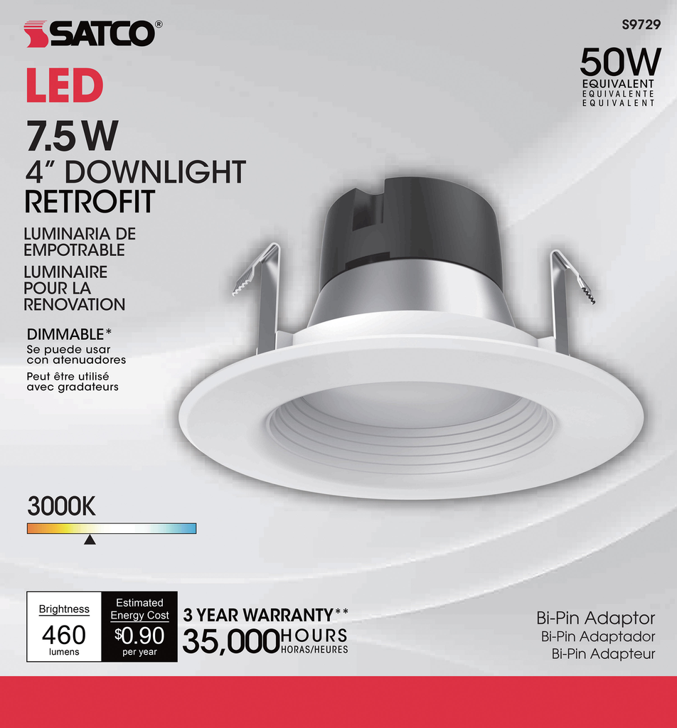 7.5 watt LED Downlight Retrofit; 4'' Baffle; 3000K; GU5.3 socket for MR16 retrofit; 12 volts