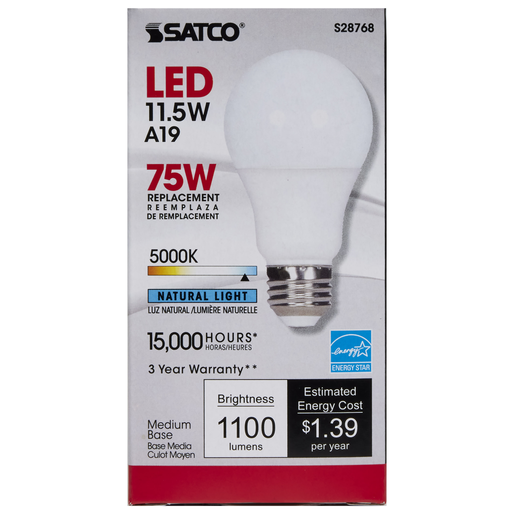 11.5 Watt; A19 LED; 5000K; Medium base; 220 deg. Beam Angle;120 Volt