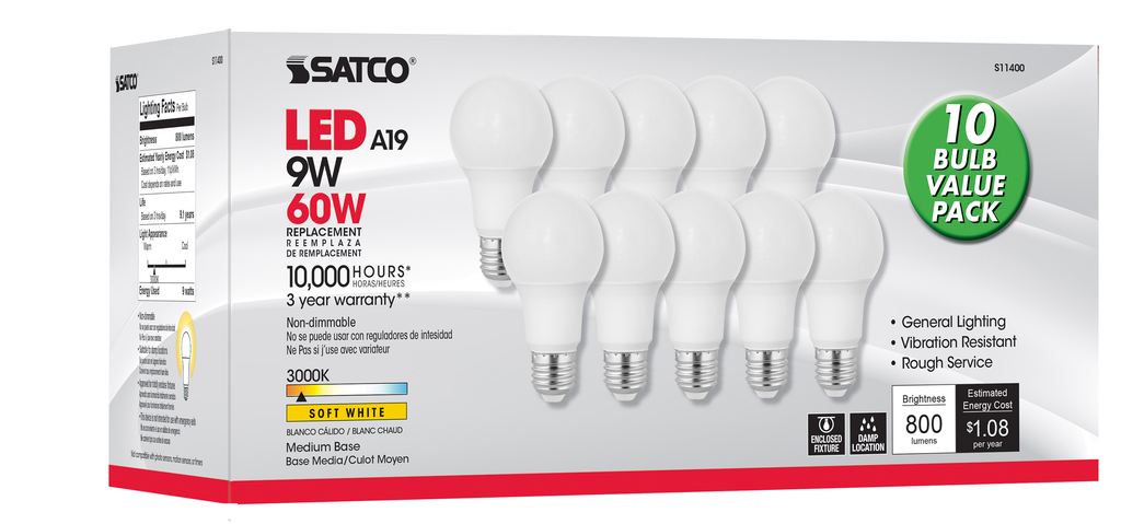 9 Watt A19 LED; 3000K; Medium base; 220 deg. Beam Angle; 10-Pack