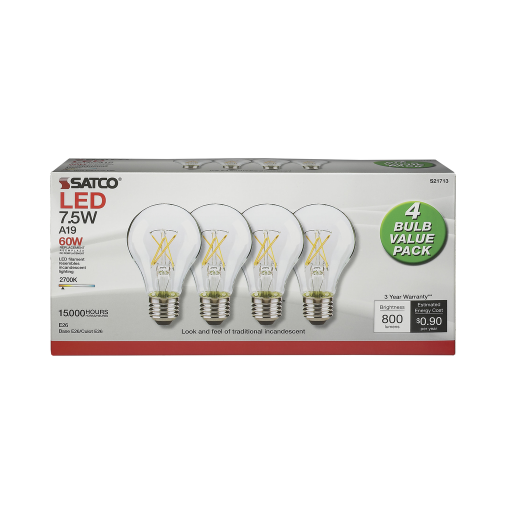 7.5 Watt; A19 LED; Clear; 2700K; Medium base; 120 Volt; 4-Pack