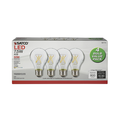 7.5 Watt; A19 LED; Clear; 2700K; Medium base; 120 Volt; 4-Pack