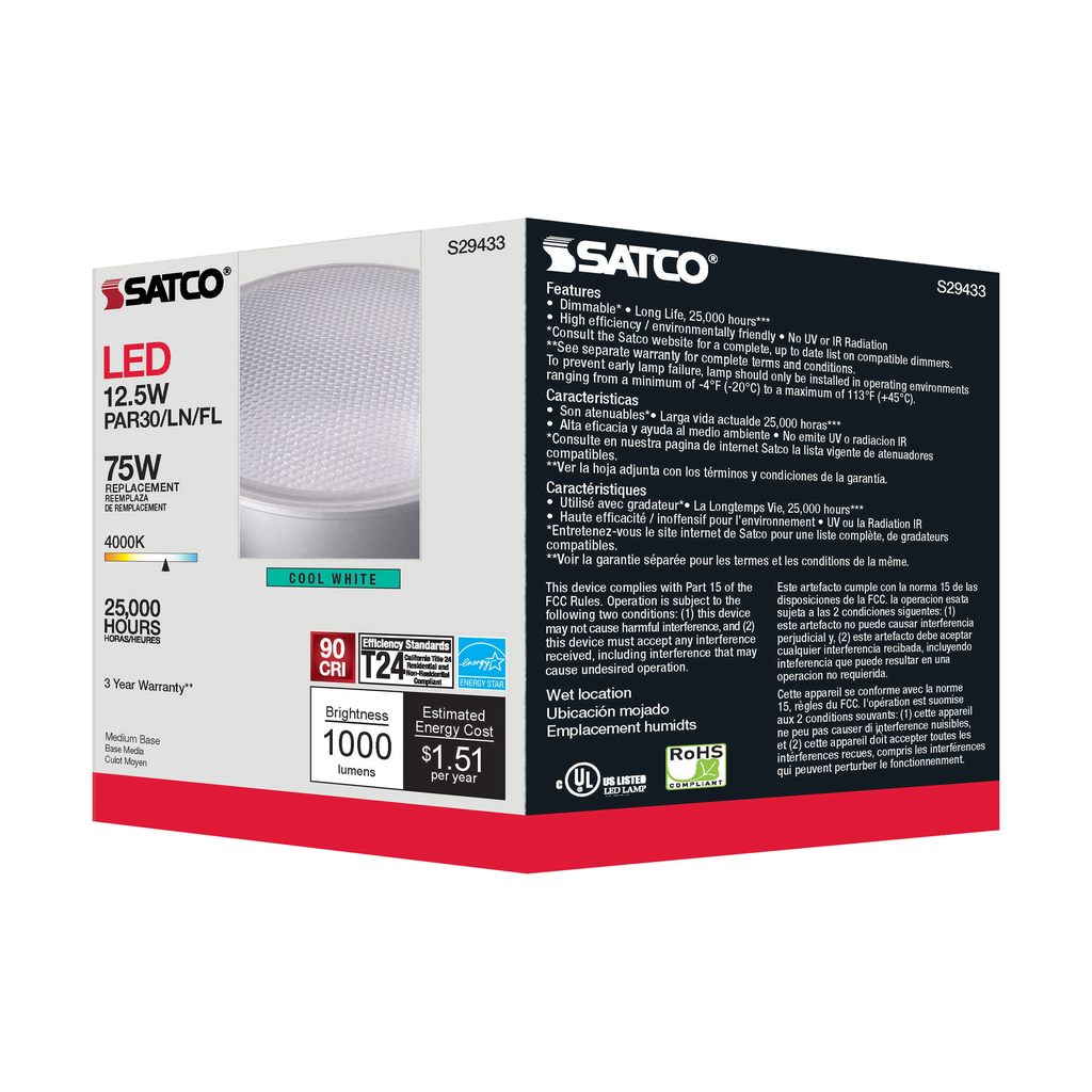 12.5 Watt; PAR30LN LED; 4000K; 40 deg. Beam Angle; Medium base; 120 Volt