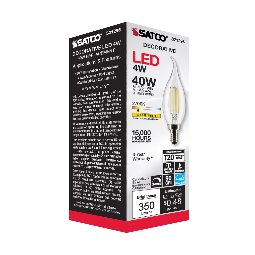4 Watt CA10 LED; Clear; Candelabra base; 90 CRI; 2700K; 120 Volt