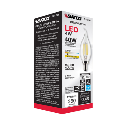 4 Watt CA10 LED; Clear; Candelabra base; 90 CRI; 2700K; 120 Volt