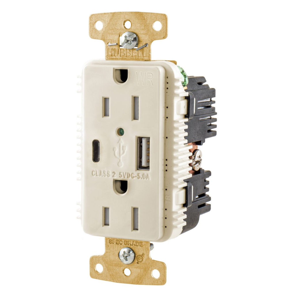 15A/125V Tamper Resistant/Weather Resistant Duplex Receptacle & Type A & C USB Ports, Light Almond