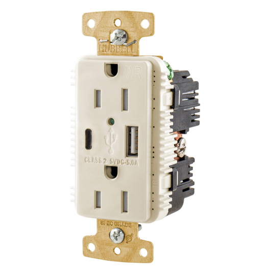 15A/125V Tamper Resistant/Weather Resistant Duplex Receptacle & Type A & C USB Ports, Light Almond