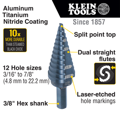 12-Step Drill Bit, 3/8-Inch Hex, Double Straight Flute, 3/16-Inch to 7/8-Inch