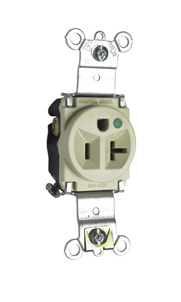 20A 125V Heavy Duty Hospital-Grade Single Receptacle, Back and Side Wire, Ivory
