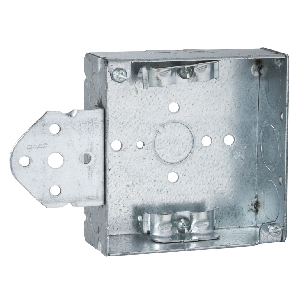 4 in. Square Box, Welded, 1-1/2 in. Deep with NMSC Clamps, Three 1/2 in. KO's and One TKO, B Bracket, Flush