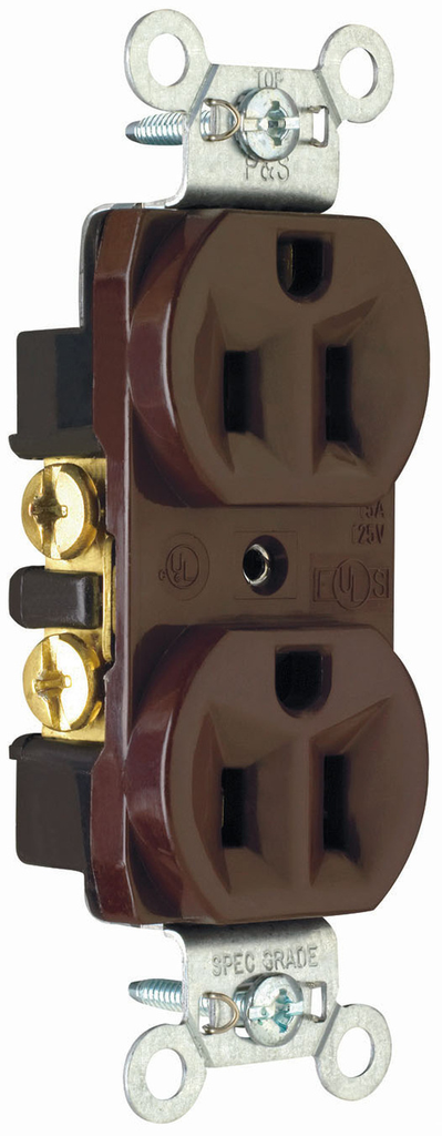 15A 125V Commercial Spec-Grade Duplex Receptacle, Back and Side Wire, Brown