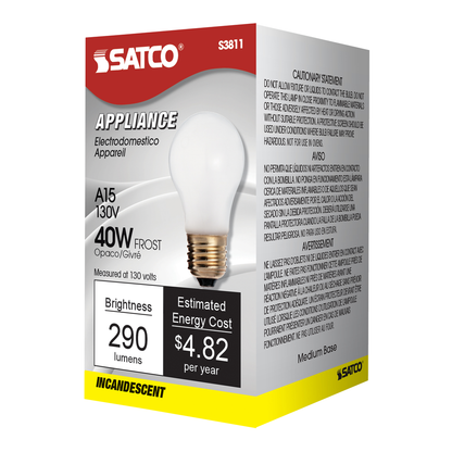 40 Watt A15 Incandescent; Frost; Appliance Lamp; 2500 Average rated hours; 290/217 Lumens; Medium base; 130/120 Volt
